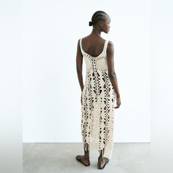 ZARA MACRAMÉ FRINGED KNIT DRESS - Picture 4 of 10